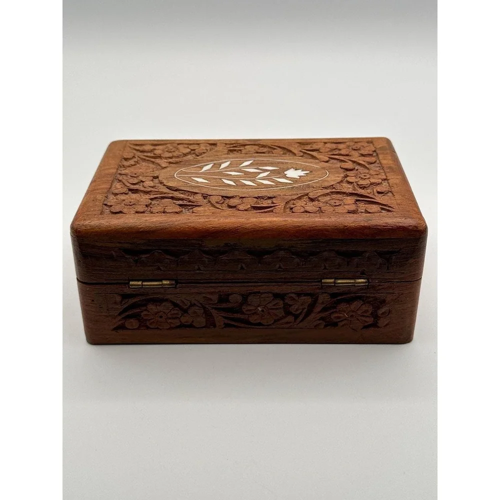 Hand Carved Wooden Jewelry Box Vintage Indian Floral Trinket Storage